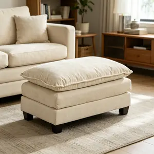 Modern Cloud Sofa Ottoman Upholstered Cushion Stools, Chenille Fabric Seat with Double-Layer Cushion, Breathable Comfy Indoor Storage Furniture for Living Room Footrest, Footstool
