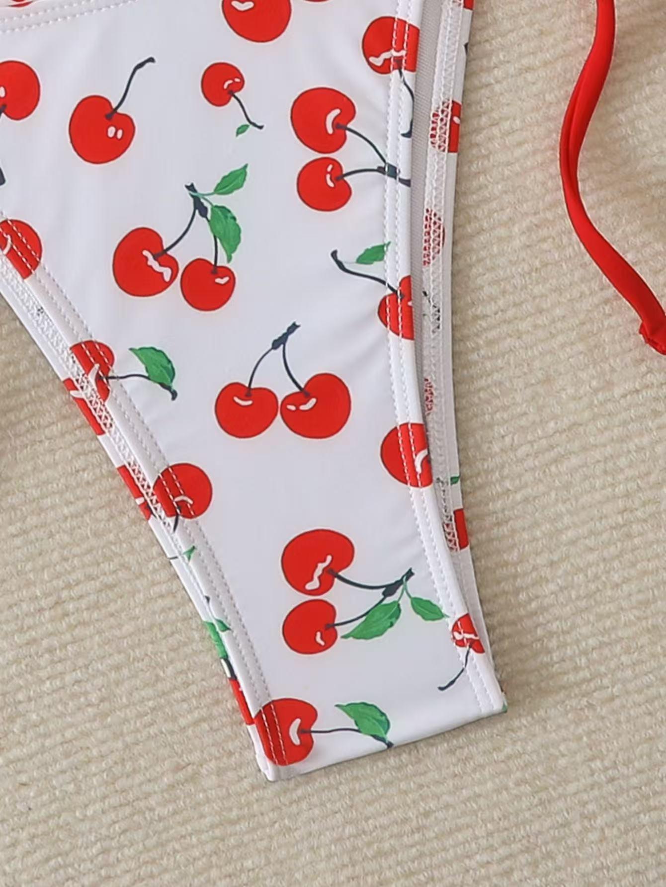 Women's split swimsuit, two-piece set - paired with cherry pendant | girlish color scheme | suitable for summer beach vacations, hot springs, and water parks | swimsuit