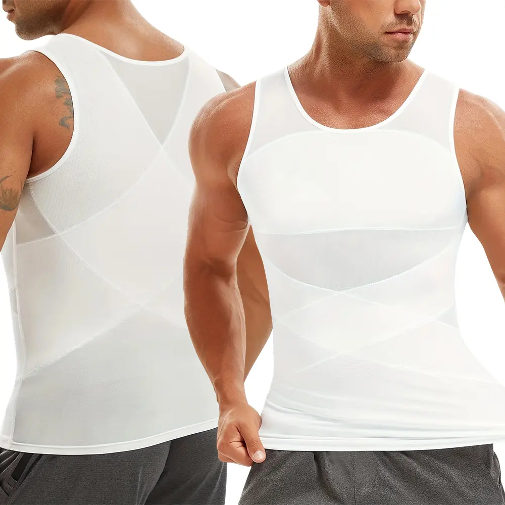 Men's Tummy Control Compression Tank Top, Sleeveless Body Shaper in Breathable Nylon Spandex Mesh Fabric