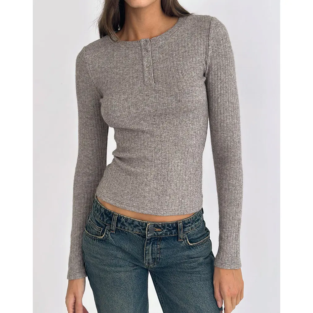 Zinta Long Sleeve Button Up Top in Ribbed Knit Grey