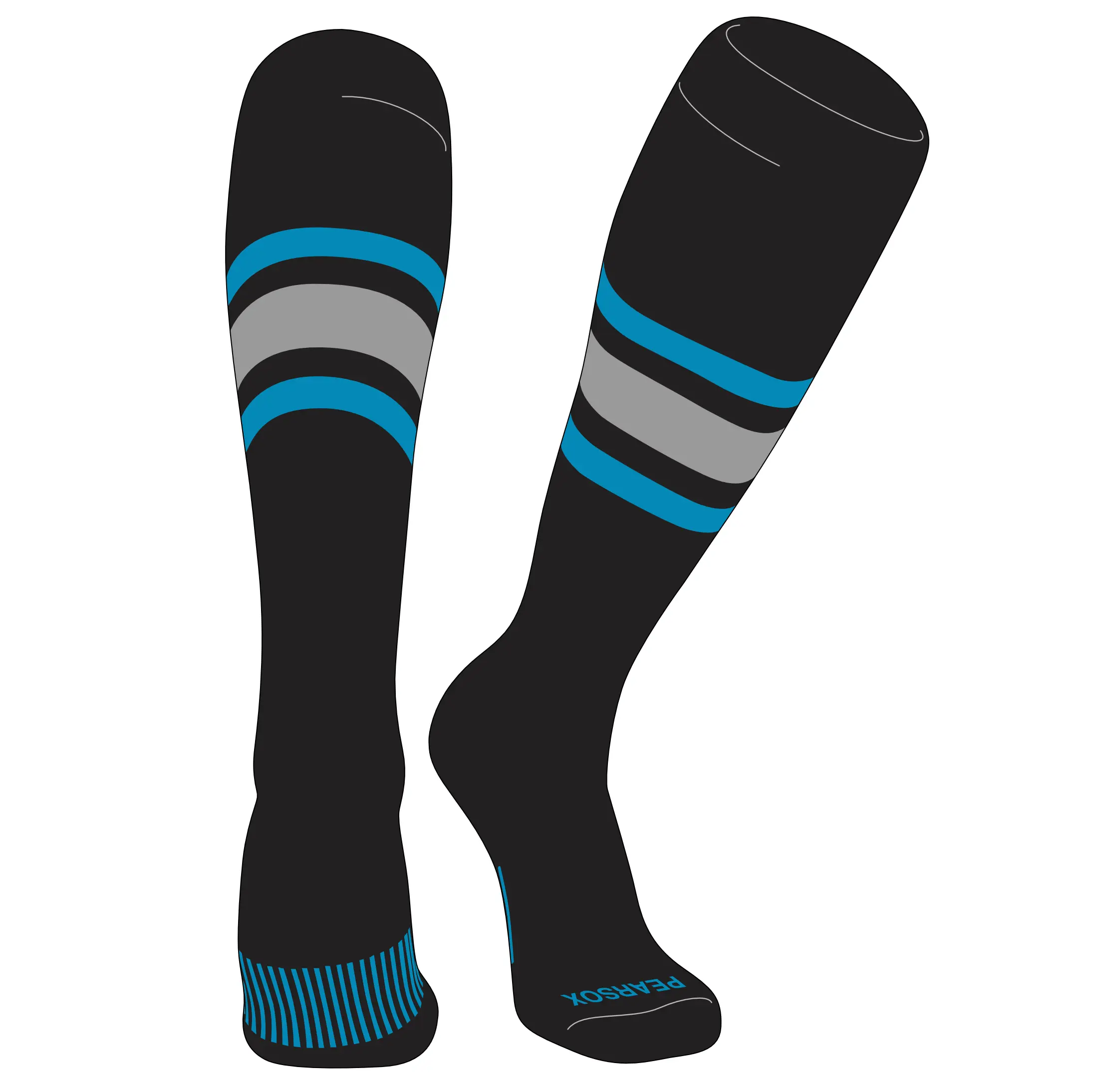 Pear Sox Striped Knee High Baseball, Football Socks (B) Black, Turquoise, Silver