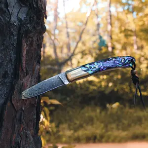 #Fathersdaygift - JoyRaining-Shine/Connection Handmade Damascus Pocket Knife - Stunning Natural Abalone Shell/Wooden Handle, Folding Knife with Polished Copper Bolster - Non-Locking Slip Joint Gentleman's Tool - Elegant Gift for Women/Elder