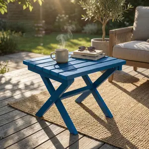 Furnimart 18-inch Square Folding Side Table, ideal for outdoor use and camping; extra-thick HDPE weather-resistant coffee table; portable blue outdoor side table, perfect for balconies and poolside