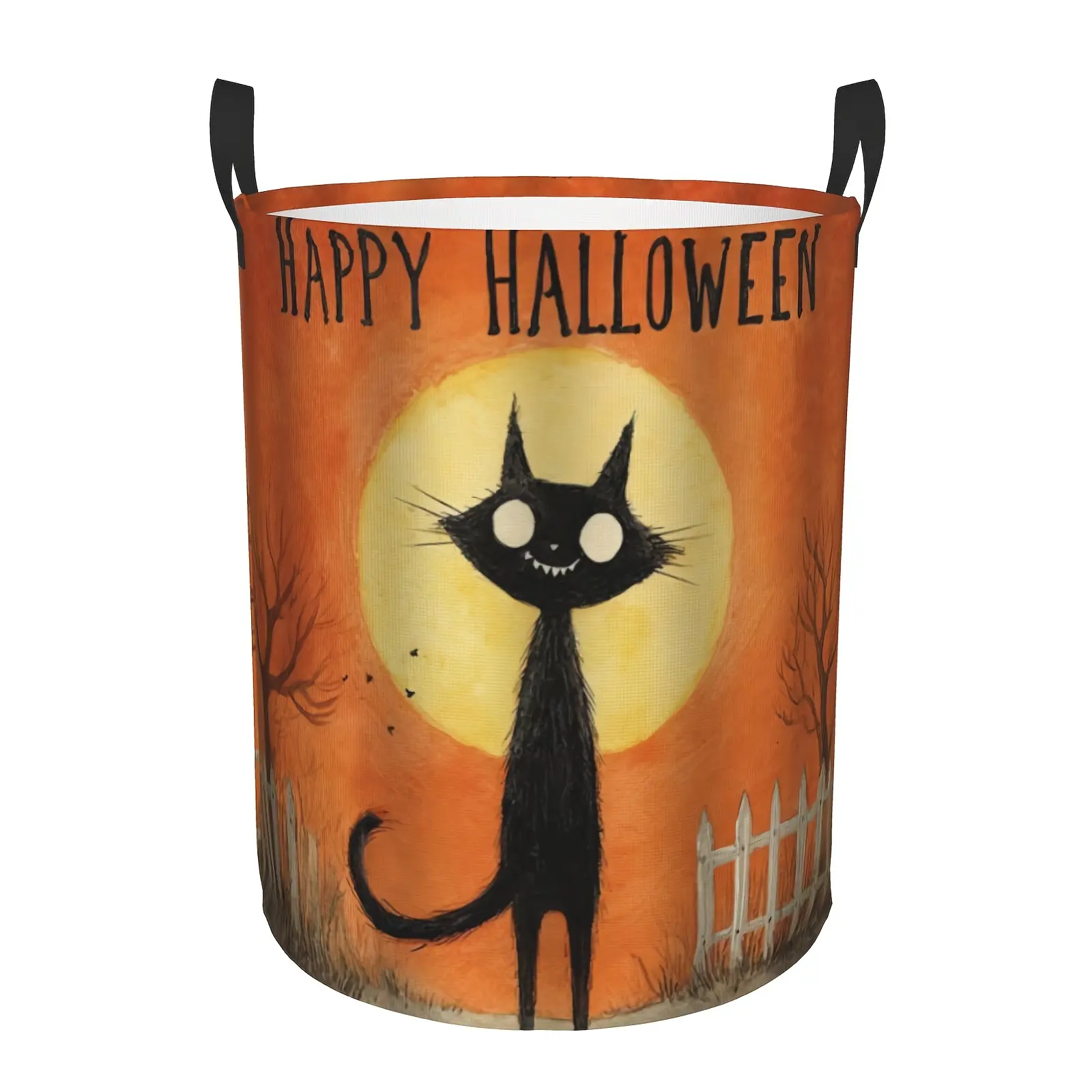Halloween Cat & Ramen Noodle Laundry Basket - Foldable Durable Polyester Hamper with Sturdy Black Cat & Ramen Noodle Soup Design, Happy Halloween Text & Bats - Orange Round Clothes Basket for Bathroom, Bedroom, Kitchen Storage Organizer, Laundry Baskets
