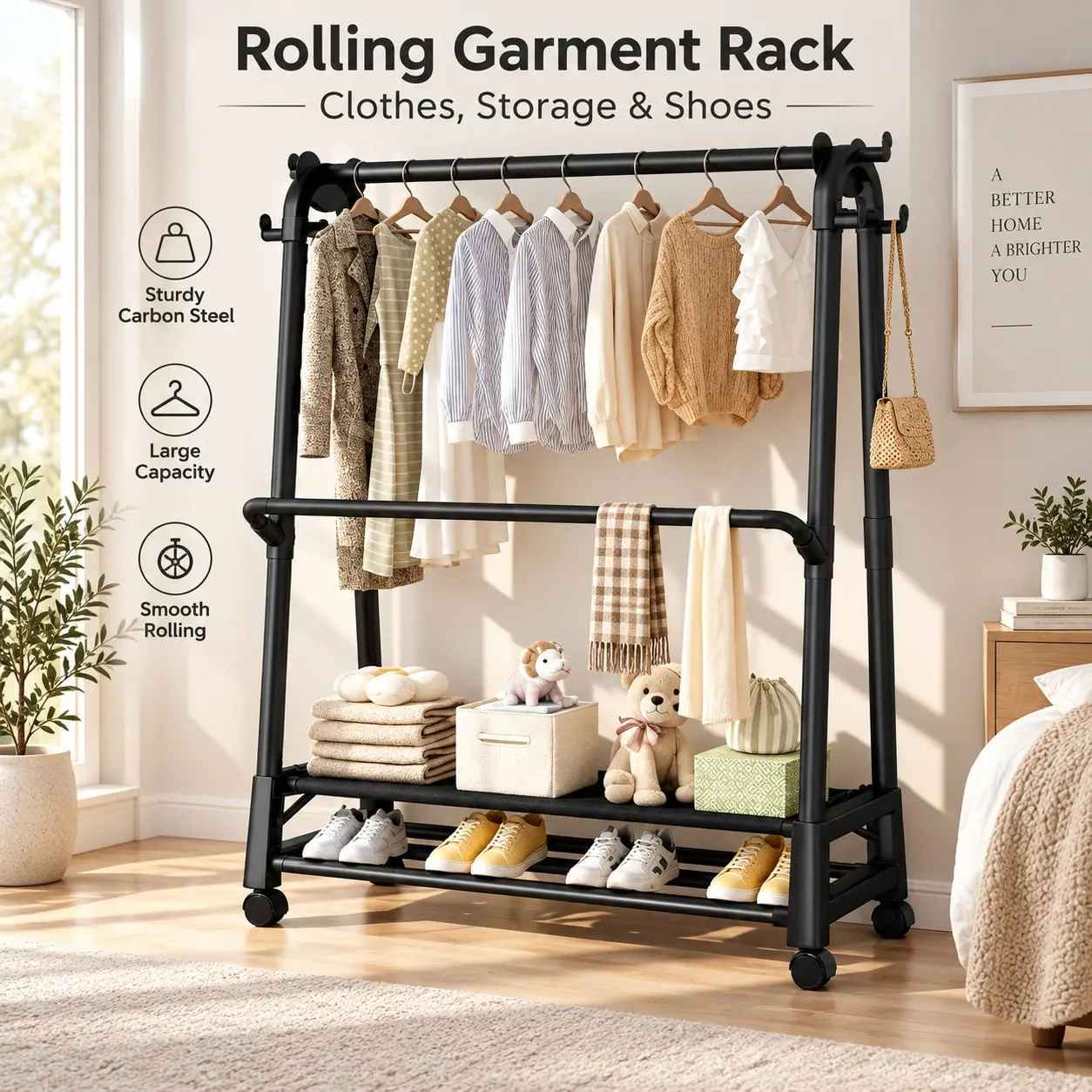 Durable Carbon Steel Hanger with Double-Layer Design, Shelves and Hooks - Multifunctional Wardrobe Racks for Bedrooms, Closets