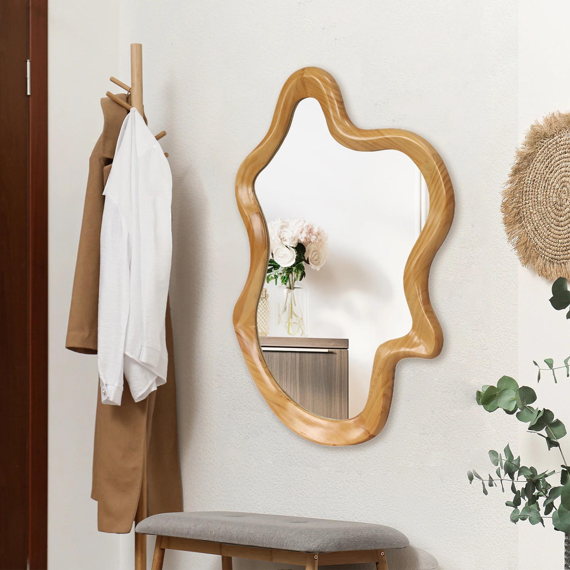 33.46"x22.24" Irregular Wall Mirror with Natural Wood Frame |   Asymmetrical Accent Mirror for Home Decor