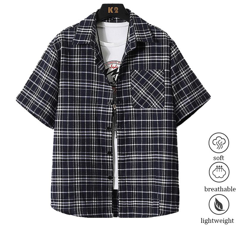 Men’s plaid button-collar long-sleeve cotton dress shirt, regular fit; plaid shirt; men’s top suitable for beach vacations, pool parties, and everyday casual wear; men’s shirt; men’s short-sleeve top Men's Striped Quick-Dry Polo Set Lightweight