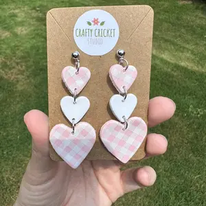 Pink Gingham Hearts Dangly Polymer Clay Earrings