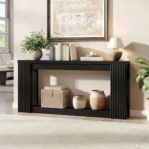 [SummerVibes] Vabches Fluted Wooden Console Table with 2 Storage, 71 Inches Rectangular Entryway Table Behind The Couch, Farmhouse Boho Sofa Table for Entrance, Hallway, Living Room (Black)