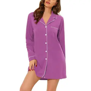 cheibear Women's Pajama Dress 2026 Casual Long Sleeve Nightshirt Button Down Lounge Nightgowns Small Purple