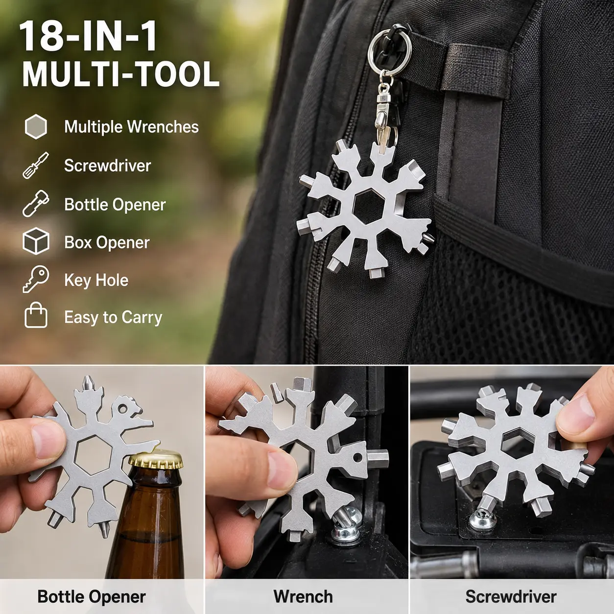 1 Count, 18-in-1 Stainless Steel Snowflake Multi Tool Portable Screwdriver Bottle Opener for Daily Bicycle Maintenance and Outdoor Use