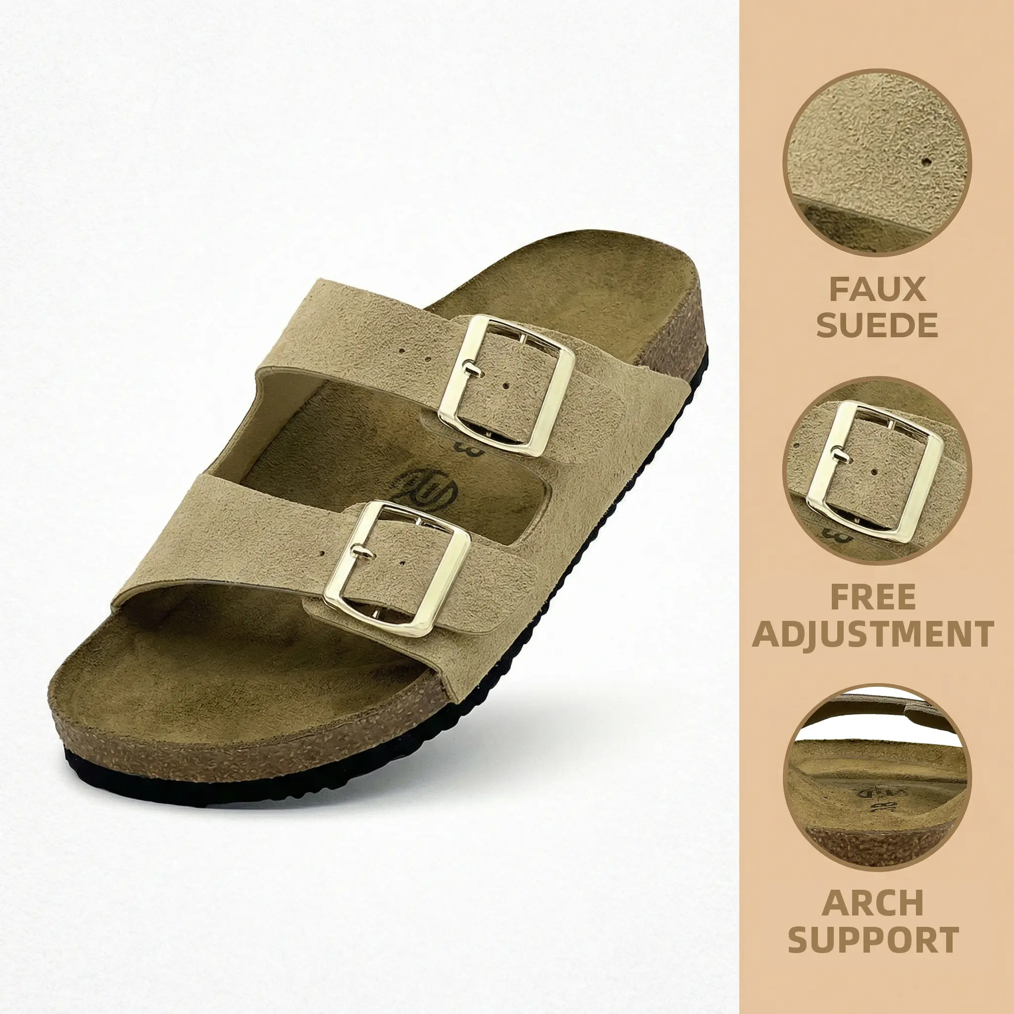 Women's Unisex Double-Adjustable Buckle Flat Slide Sandals - Soft Cork Footbed, Open Toe, Slip-On, Non-Slip Casual Daily Walking Summer Footwear