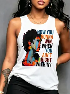 Women's Casual Loose-Fit Tank Top, Fashion Portrait Letter Print, Soft Comfortable Home & Outdoor Wear, All Seasons, Womenswear