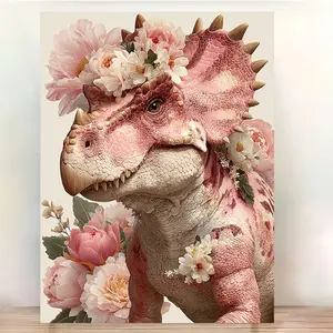 1 Piece Framed Dinosaur Wall Art - Pink Tyrannosaurus, Triceratops, and Brachiosaurus with Floral Corner Decorations and Soft Pastel Background, Girl's Room Decoration, Prehistoric Animal Artwork, 2D Graphic Design, Perfect for Room Decoration