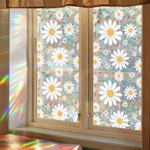 1 Roll Colorful Window Privacy Film 3D Rainbow Vintage Daisy Static Cling Decorative Decal, PVC Eco-Friendly Heat Insulation Window Decor Window Decorations Supplies 17.53*78.7in