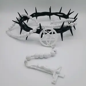 Ruined Halo Rosary - All-White Wood Design with Inverted Pentagram and Cross
