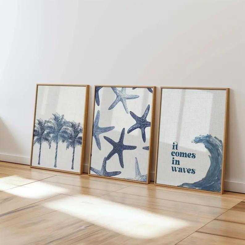 Blue Coastal Wall Art Set of 3, Beach Bedroom Dorm   Ocean Décor Poster