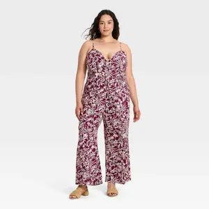 Women's Beaded Linen Jumpsuit - A New Day Burgundy Floral XXL