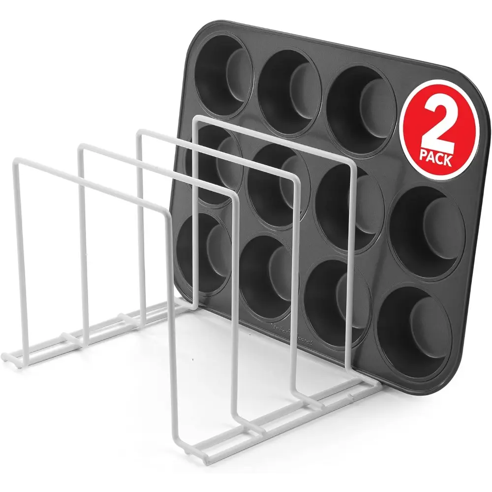 2-Pack Steel Coated White Baking Pan Organizer Rack - Rust Proof Wire Holder with Grips, for Kitchen Cabinet/Counter Storage, Office Use (Cutting Boards, Pot Lids, Cookie Sheets), 4 Slots, 10” L X 8” W X 11” W X 7” H