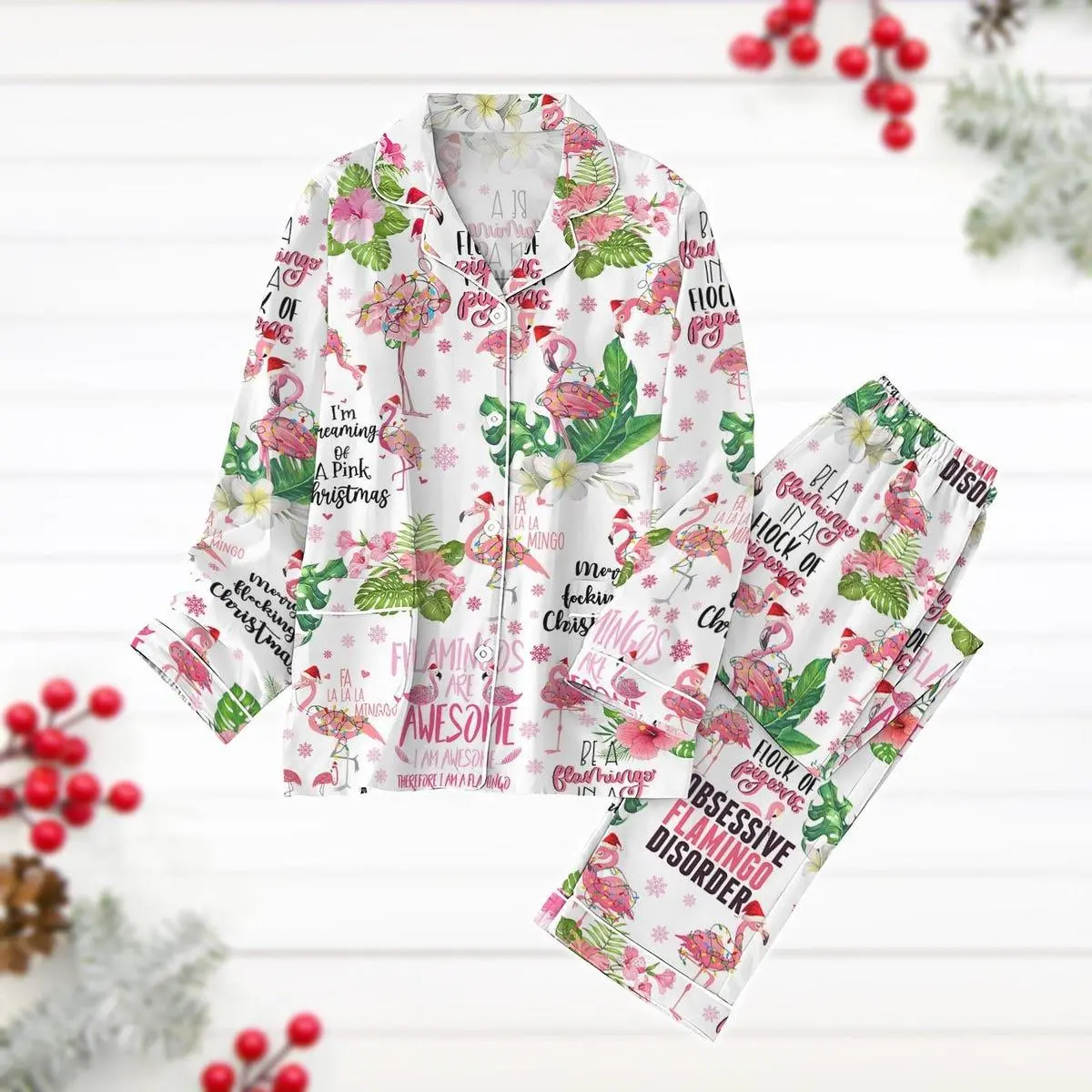 Christmas Flamingo Pajamas Set, Christmas Lights Holiday Pajamas, Cute Animal Xmas Womens Pajamas, Long Sleeve Pyjamas, Flamingo