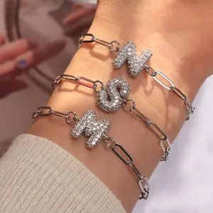 26 Letters Zircon Bubble Bracelet – Gold/Silver Paperclip Chain, Adjustable Women’s Jewelry Gift