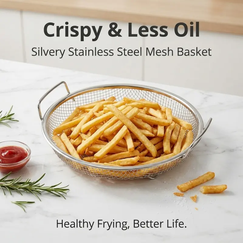 Round Stainless Steel Mesh Fry Basket, Oil Draining Strainer with Handles, Healthy Deep Frying Basket, Fryer Basket for French Fries, Chicken Wings, Chips & Kitchen Food Prep