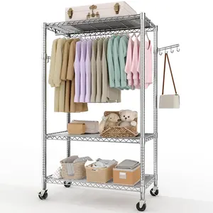 Heavy Duty 3-Tier Rolling Garment Rack with Adjustable Shelves - 75.6" Metal Clothes Organizer with Wheels, Detachable Hanging Rod & Side Hooks - 694lbs Capacity for Bedroom, Closet, Laundry