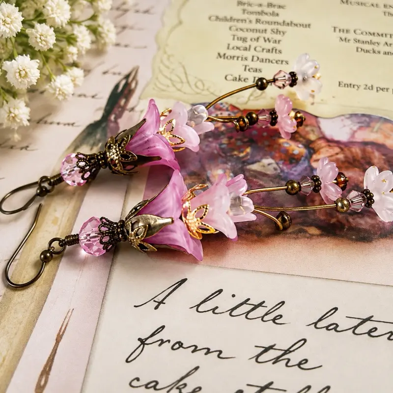 Fairytale-Inspired Pink  Flower Earrings, Vintage Long Dangling Princess Aurora Fairycore Jewelry Cosplay cottagecore style