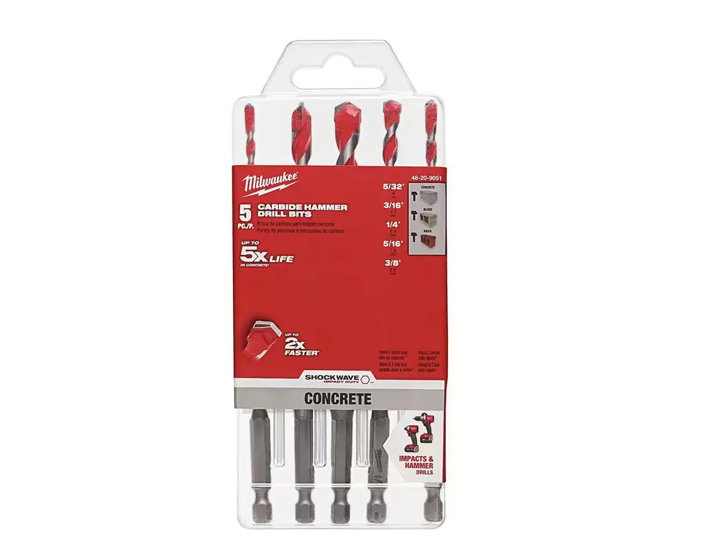 Milwaukee Shockwave Carbide Tip Hammer Drill Bits 5-Pieces Set - Hex Shaft, Dynamic Edges for Concrete Holes, Tool-Only 48-20-9051, Impact Duty