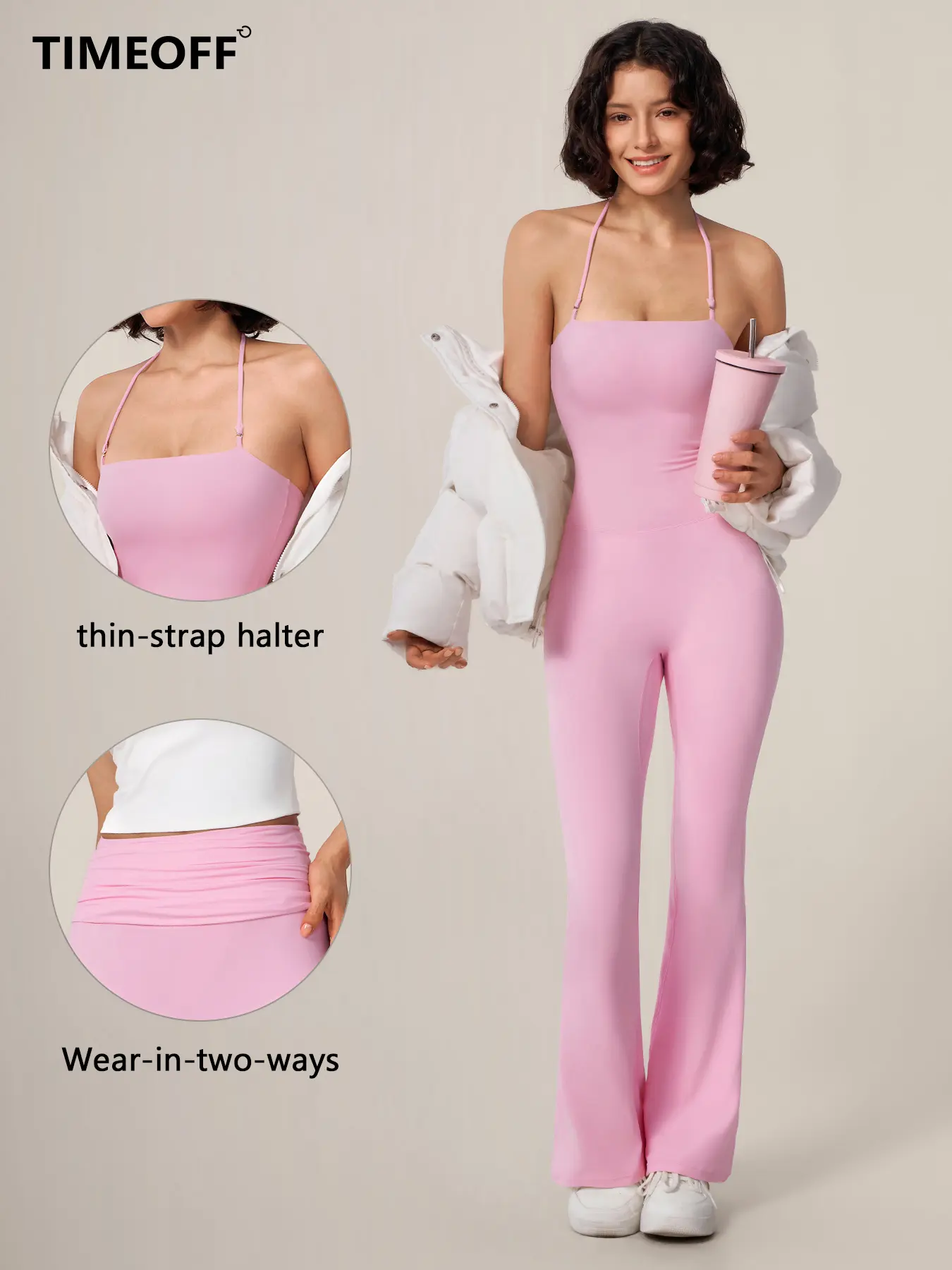 TIMEOFF Women's Halter Neck Athleisure Jumpsuit - Solid Color, Full Length Flared Legs, Bodycon Fit, Butt Lifting, Tummy Control, Stretchable Gym Workout Apparel