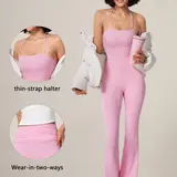 TIMEOFF Women's Halter Neck Athleisure Style Solid Color Yoga Jumpsuit - Bodycon Fit, Full-Length Flared Legs, Butt Lifting, Tummy Control, Stretchable Activewear, Clothes for Women's Gym Workout,outdoorfun