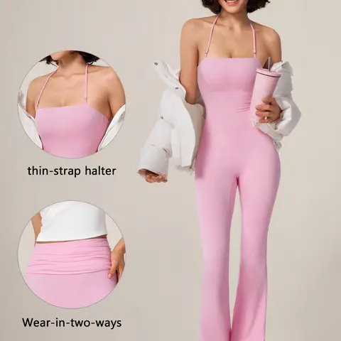 TIMEOFF Women's Halter Neck Athleisure Style Solid Color Yoga Jumpsuit - Bodycon Fit, Full-Length Flared Legs, Butt Lifting, Tummy Control, Stretchable Activewear, Clothes for Women's Gym Workout,outdoorfun