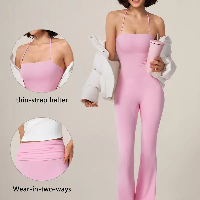 TIMEOFF Women's Halter Neck Athleisure Style Solid Color Yoga Jumpsuit - Bodycon Fit, Full-Length Flared Legs, Butt Lifting, Tummy Control, Stretchable Activewear, Clothes for Women's Gym Workout,outdoorfun