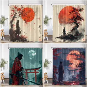 Japanese Warrior Samurai Shower Curtain Japan Shrine Red Full Moon Cherry Blossom Bathtub Decor Polyester Bath Curtain with Hook Plastic Waterproof