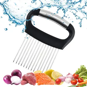 Onion Holder for Slicing, Stainless Steel Onion Holder for Slicing, Vegetable Slicer Cutter, Stainless Steel Food Slicer Assistant Tool, Onion Chopper Slice Guide for Potato Tomato Avocados, Fruit Vegetable Slicer