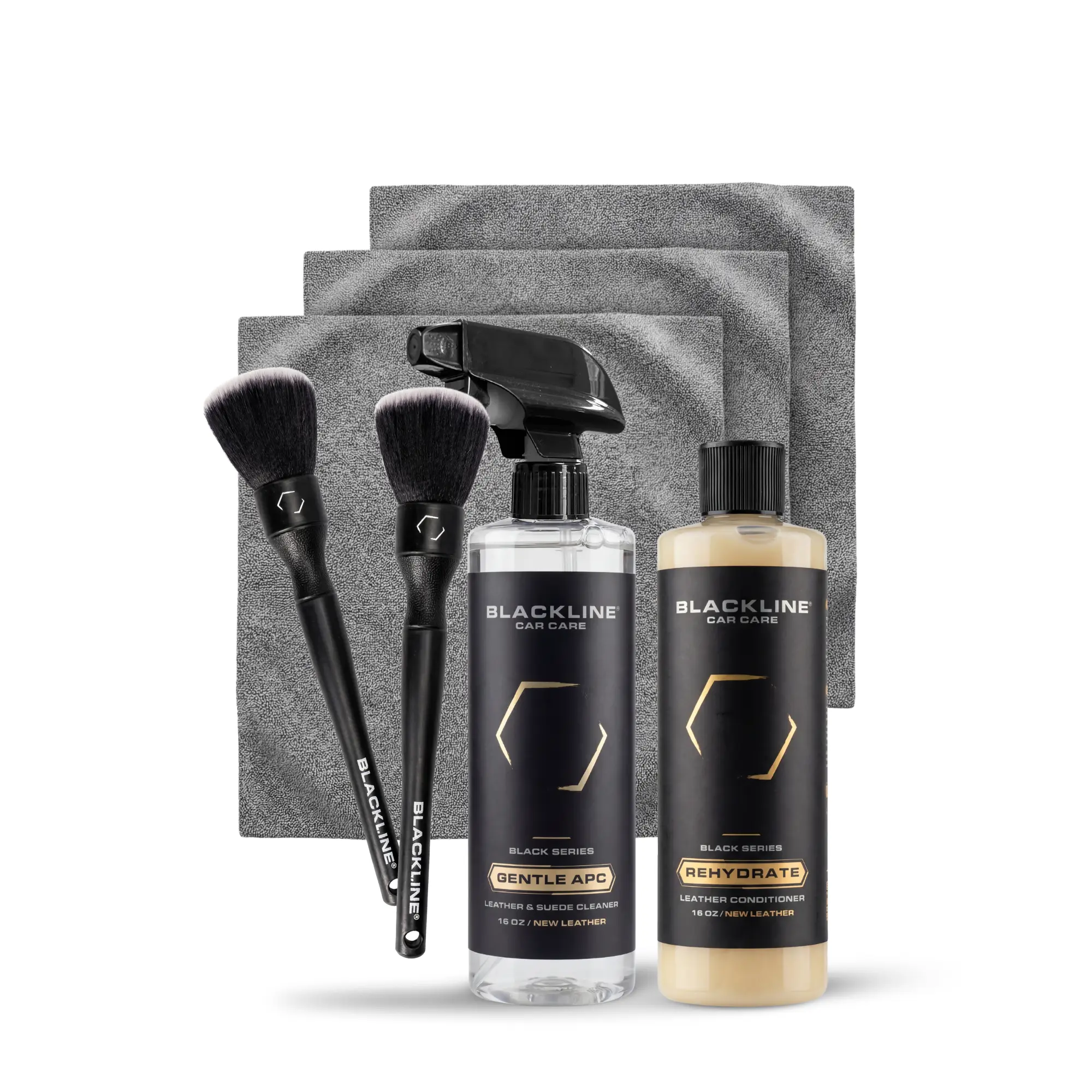 BLACKLINE Automotive Interior Leather Care Kit - Gentle APC Clean, Rehydrator, Microfiber Cloth, Lintfree Buffing Towel, Brush, Optional Detailing Brush for Deep Cleaning & Reviving Cracked Leather