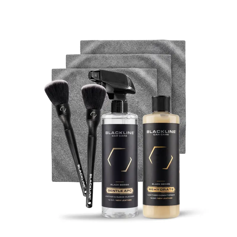 BLACKLINE Automotive Interior Leather Care Kit - 16oz Gentle Cleaner, Ultrasoft Detail Microfiber Cloth, Lint-Free Buffing Towel, Boars Hair Brush, Optional Detailing Brush for Deepcleaning, Hydrates & Restores, Safe for All Leather, Ready-to-Use Setup