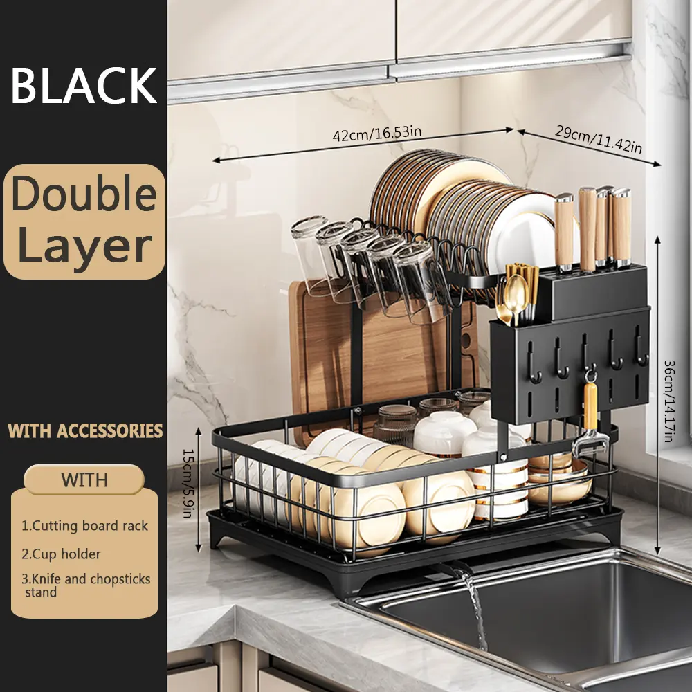 2-Tier Space-Saving Kitchen Dish Drying Rack, Detachable Large Capacity Dish Rack With Utensil Holder, Dish Drying Rack With Drainboard And Sink, Large Capacity Dish Rack With Utensil Holder & Cup Holder For Kitchen Counter, (Black, Matal) Metal Organiser