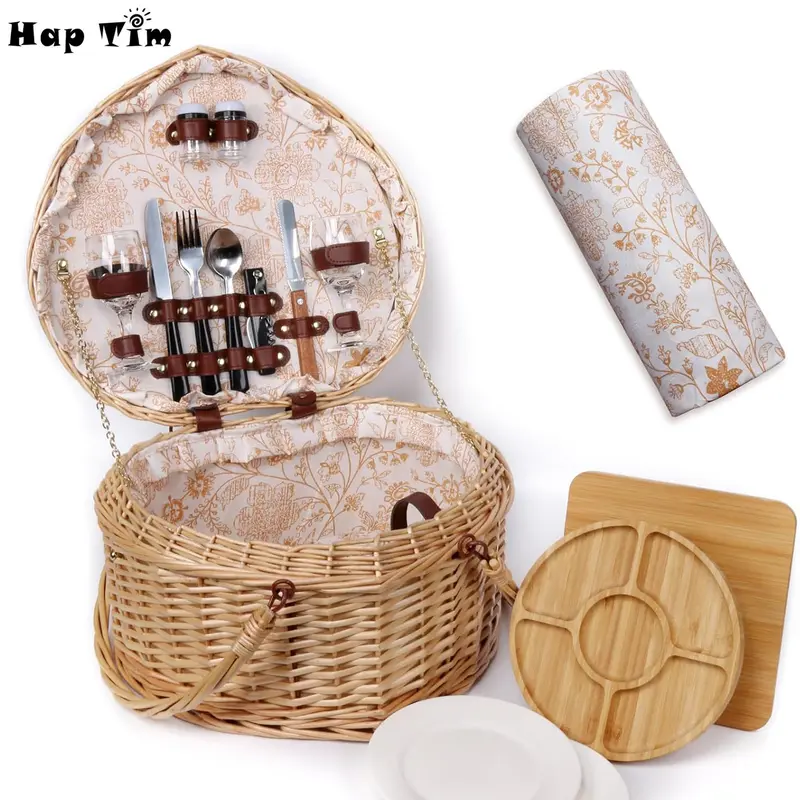 Hap Tim Heart Wicker Picnic Basket for 2 Person Set with Blanket & Bamboo Plate & Cheese Board, Wedding, Couples Gifts#Summervibes