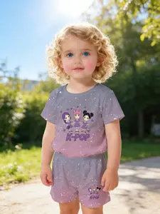 Gradient glitter cute girl suit with digital printing, Cute clothing set, 100% polyester short-sleeved suit for infants and young girls, casual wear, suitable for daily and outdoor sports T-shirts, a gift