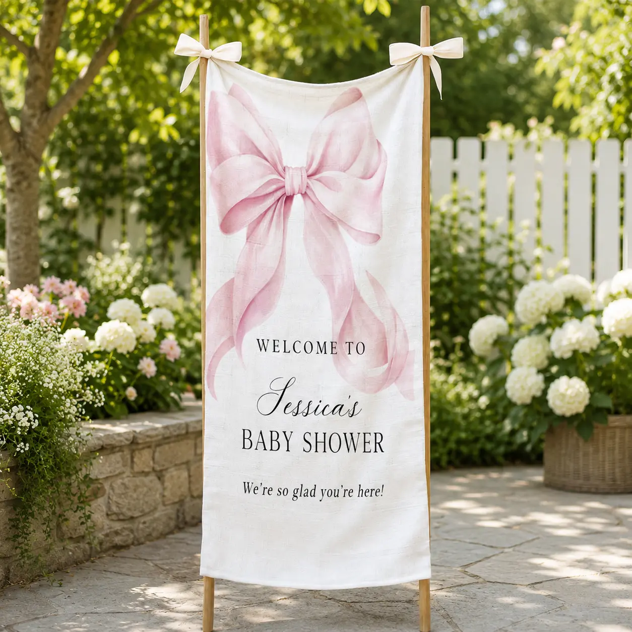 Pink Bow Baby Shower Welcome Sign Personalized Fabric Banner