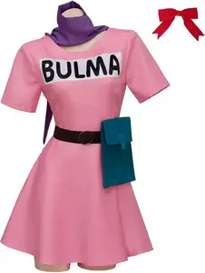 Willyacos Anime Bulma Cosplay Costume Pink Dress Outfit Suit with Accessories for Women Adult