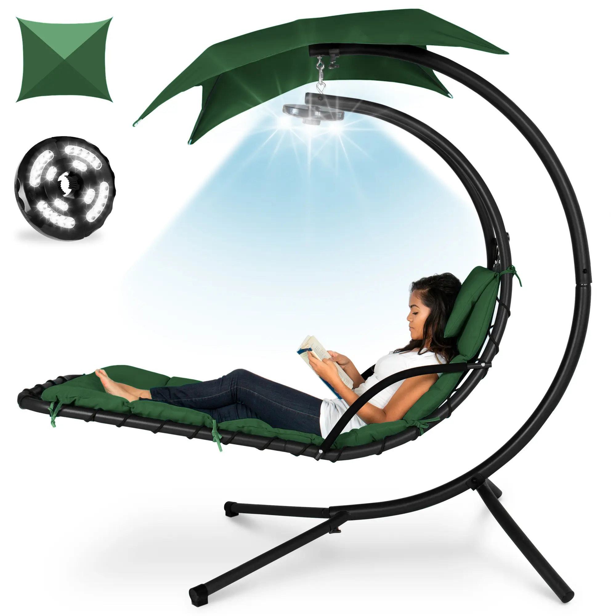Best Choice Products Hanging LED-Lit Curved Chaise Lounge Chair for Backyard, Patio w/ Pillow, Canopy, Stand Best Choice Products Hanging LED-Lit Curved Chaise Lounge Chair for Backyard, Patio w/ Pillow, Canopy, Stand