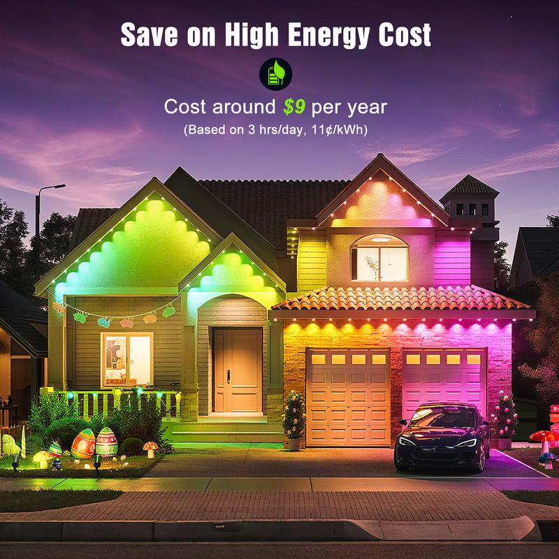 Smart RGB Permanent Outdoor Lights for House 100FT/200FT RGB+IC Eave Lights with DIY Color IP67 Waterproof App & Remote Control 72 Scene Modes for Christmas Holiday & Daily Decor