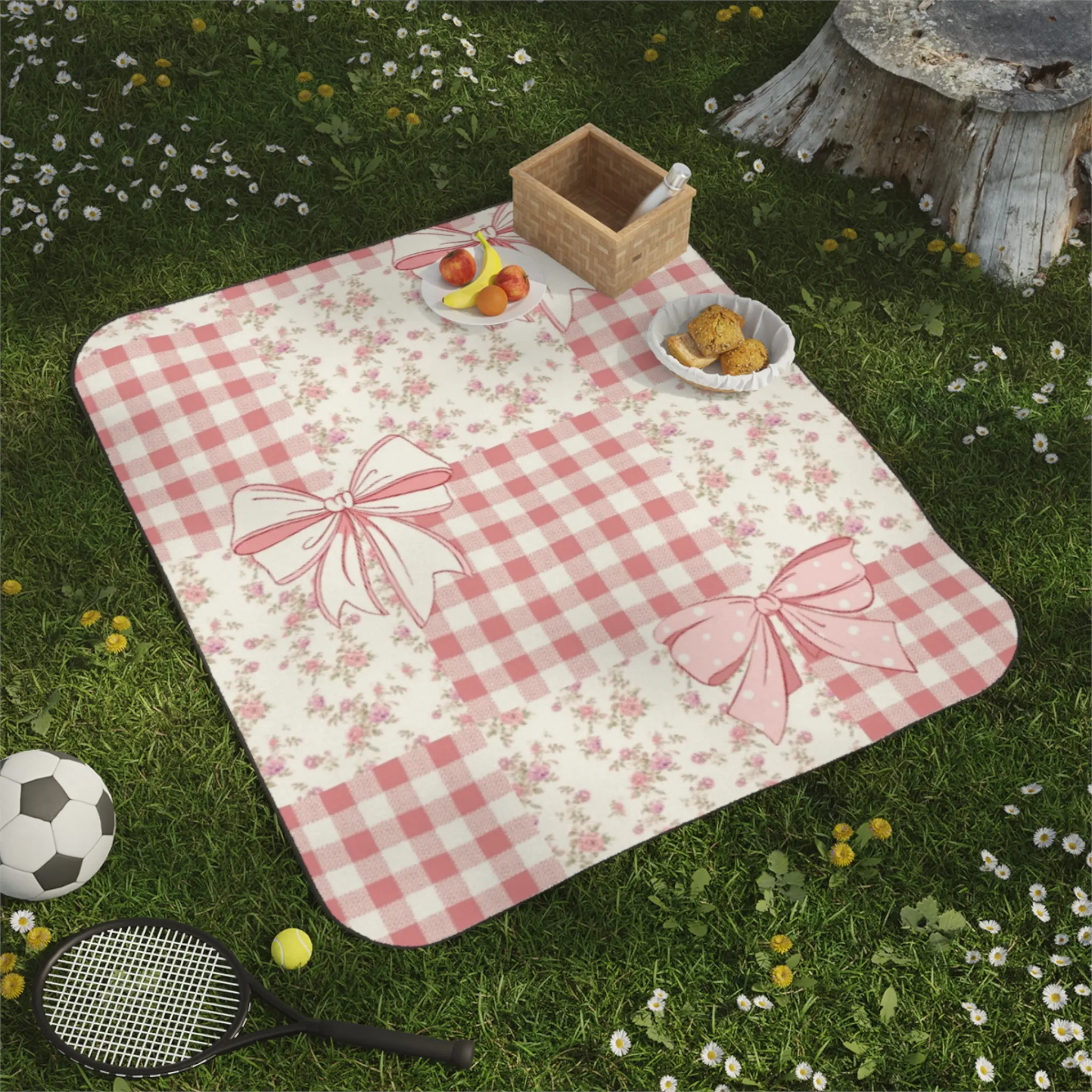 Pink Gingham Patchwork with Bows Picnic Blanket | Floral Check Pattern Outdoor Throw