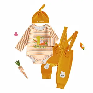 Global Baby Easter Baby Outfit Cute Bunny Print Romper Newborn Toddler Easter Clothes for Boys GirlsSleeve Bunny Letter Print Romper + Pants + Hat Set Infant Clothes