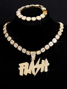 3pcs Street Hip Hop Bling Tennis Chain Necklace Bracelet Set, Letter 'flash' Pendant Jewelry for Men & Women, Festival Party Style, Fashionable Jewelry Set