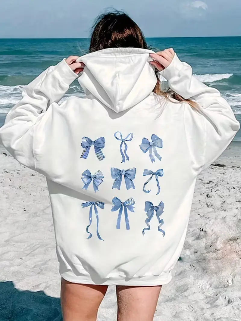 Women's Hoodie/with Blue Bow Pattern Prints/style Sweet and Cute/conveys a Playful and Girly Atmosphere/suitable for Lovers Who Like Sweet Style/pursue Cute Expression/for Daily Casual Wear