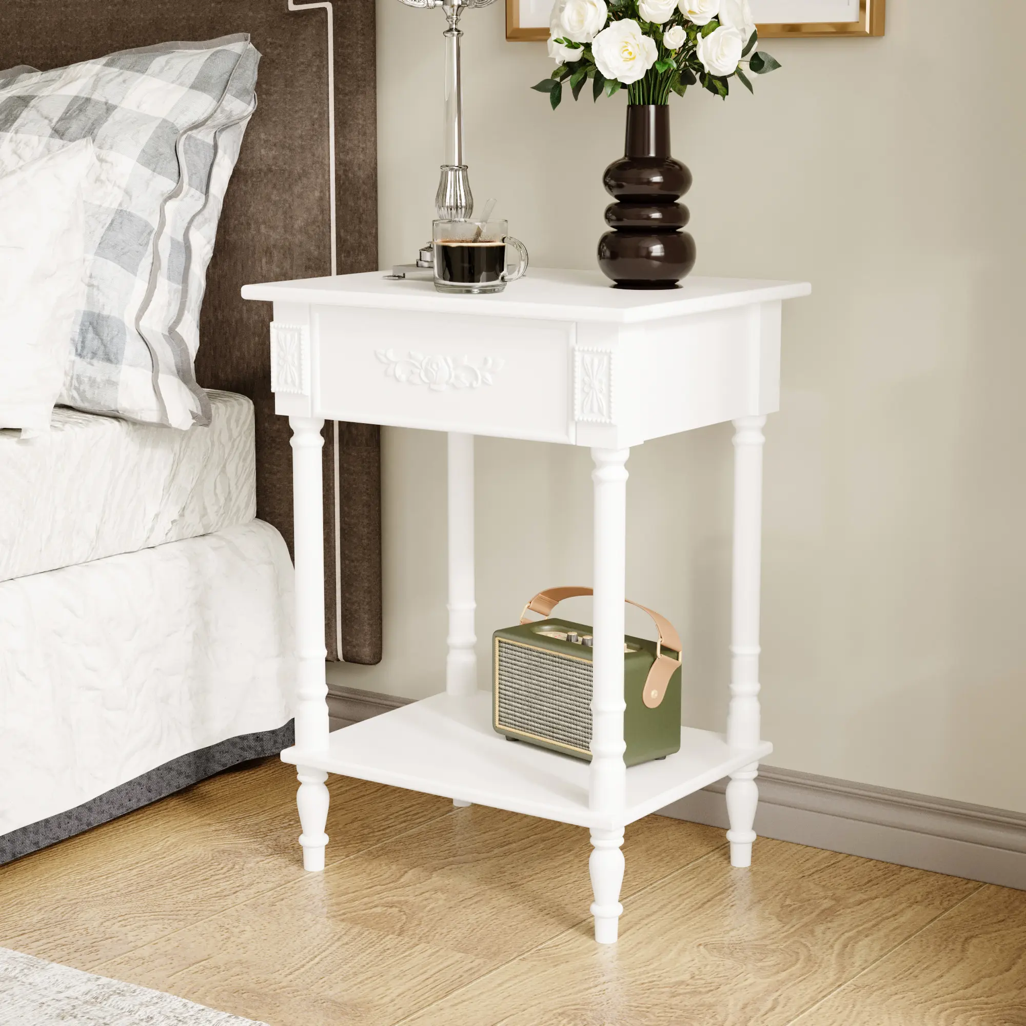 FUFU&GAGA White Nightstand, Vintage Bedside Table with Carved Drawer and Open Storage Shelf, Wood End Side Table for Bedroom Living Room