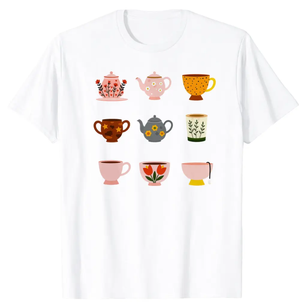 Women's Fashion Round-Neck T-Shirt, Streetwear, Spring & Summer Women's Wear, Vintage Teacup And Teapot Pattern, 100%, Festive Occasions,